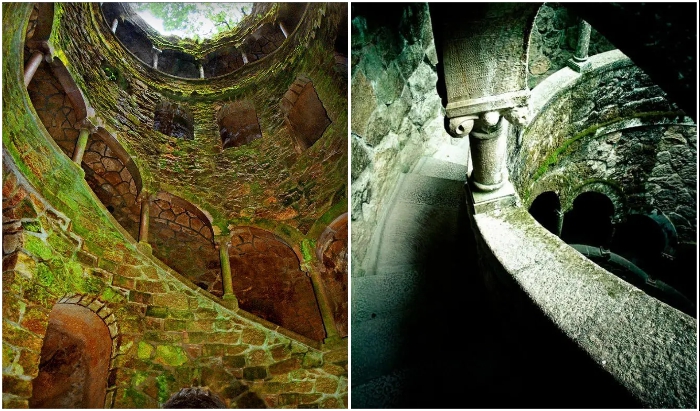 Винтовая лестница, с поросшими мхом колоннами и арками, символизирует 9 кругов ада, чистилища и ада (Quinta da Regaleira, Колодец Посвящения). Винтовая лестница, с поросшими мхом колоннами и арками, символизирует 9 кругов ада, чистилища и ада (Quinta da Regaleira, Колодец Посвящения).