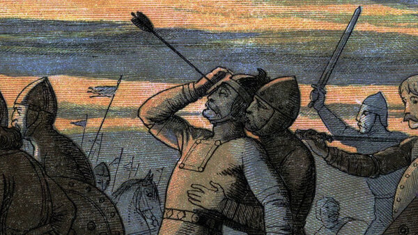 В битве при Гастингсе (1066) стрела угодила прямо в лицо короля Гарольда Годвинсона. Художник: James Doyle