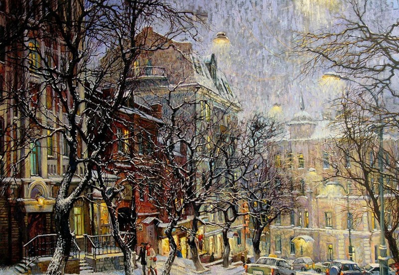 Снежный вечер город, картины, ностальгия, рисунки