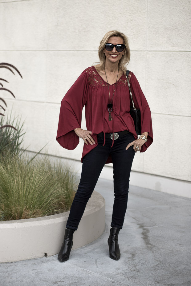Black And White Boucle Poncho, Scarf and Burgandy Bell Sleeve Blouse