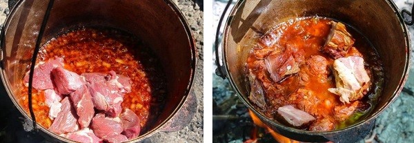 Теперь в казан выкладываем мякоть телятины и перемешиваем с луком. Добавляем копченные ребрышки. блюдо, в казане, видео, еда, рецепт, фото, фоторецепт