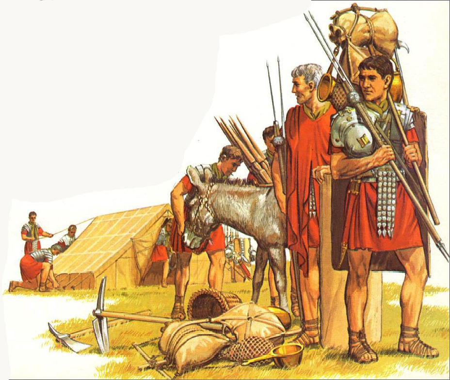Римские солдаты укладывают палатку и вьючат мулов, готовясь выступать в поход. Реконструкция Питера Коннолли, 1986 год. Солдат, изображённый на переднем плане, носит щит в кожаном чехле за спиной и шест с прикрепленными к нему вещами на левом плече. Современные реконструкторы носят щит гораздо выше, опирая поперечную перекладину фурки о его верхний край, как показано на двух фотографиях ниже - Мулы Мария: тяжкое бремя римского солдата | Военно-исторический портал Warspot.ru