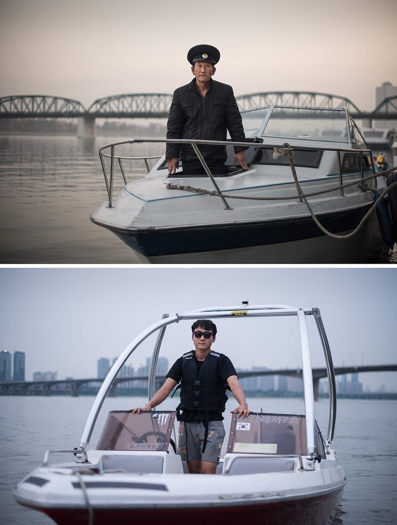 Вверху — мужчина в туристической лодке на реке Тэдонган, Северная Корея. Внизу — мужчина в своей лодке для водного спорта, Южная Корея кндр, люди, северная корея, сравнение, страны, южная корея