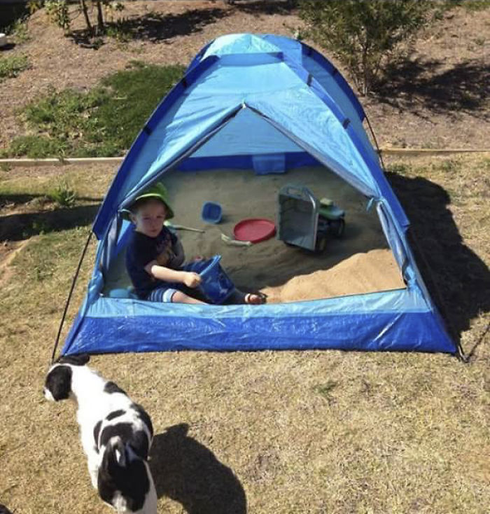 We've Used A Small Tent To Make A Sandpit, It's Now Shaded & We Can Close It Up At Night To Keep The Neighbours Cats Out & It Also Stops The Grass Growing Through