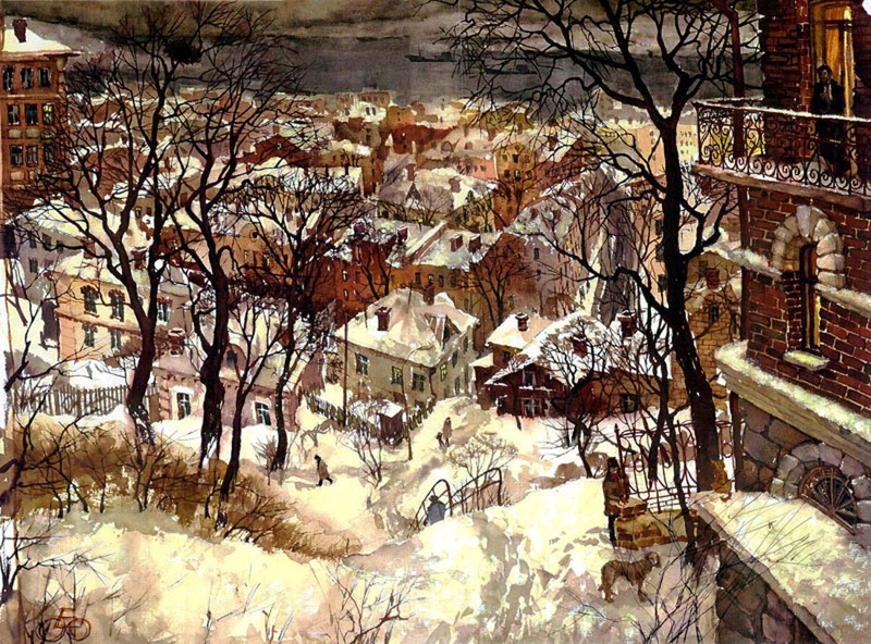 Вечер снежного дня город, картины, ностальгия, рисунки