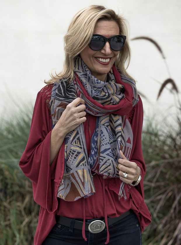 Black And White Boucle Poncho, Scarf and Burgandy Bell Sleeve Blouse