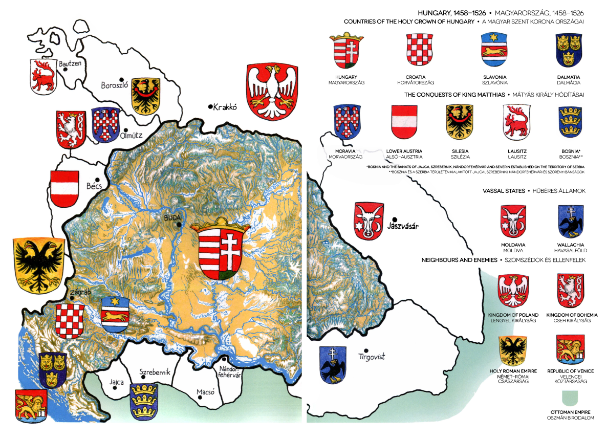 В XIV и XV веках границы Венгерского королевства значительно расширились, охватив территории вассальных княжеств Валахии, Молдавии, Сербии, значительную часть Чехии и Австрии.-17