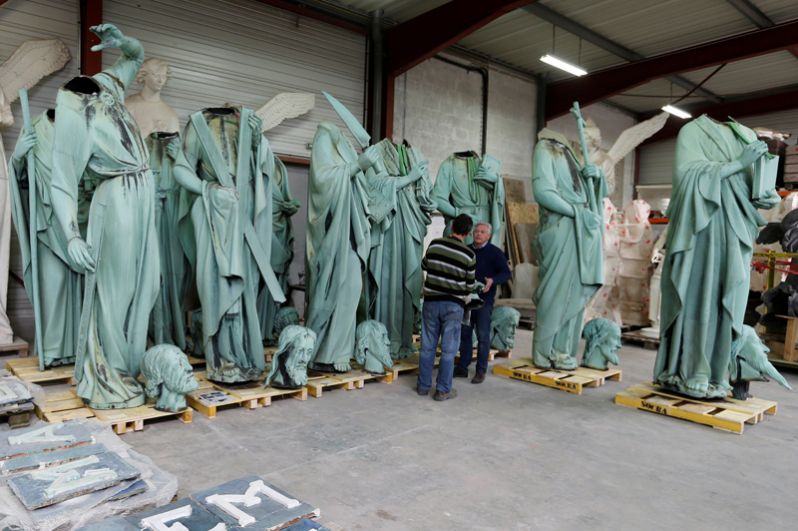 Уцелевшие статуи, украшавшие шпиль Нотр-Дама. Их сняли до пожара для того, чтобы увезти на реставрацию.