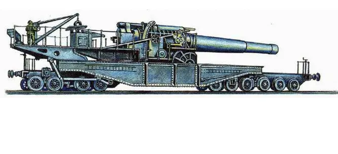 От немцев не отставали и французы. В 1915 году на фронте появилась 400-мм гаубица «Сен-Шамон». Орудия, размещенные на платформе с 10 парами колес, для стрельбы загонялись на специально оборудованный жд-путь. Стрельба велась фугасными снарядами весом 641 кг. Дальность стрельбы составляла порядка 16 км, а весила конструкция 137 тонн.
