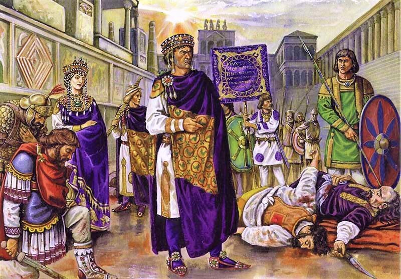 Император Юстиниан I, императрица Феодора и Флавий Велизарий (в левом углу с мечом в руке преклонил колено)