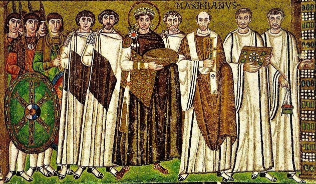 Император Юстиниан Великий и Велизарий (стоит слева от базилевса). Мозаика базилики Сан-Витале (Равенна) является единственным достоверным прижизненным изображением Флавия Велизария, дошедшим до наших дней