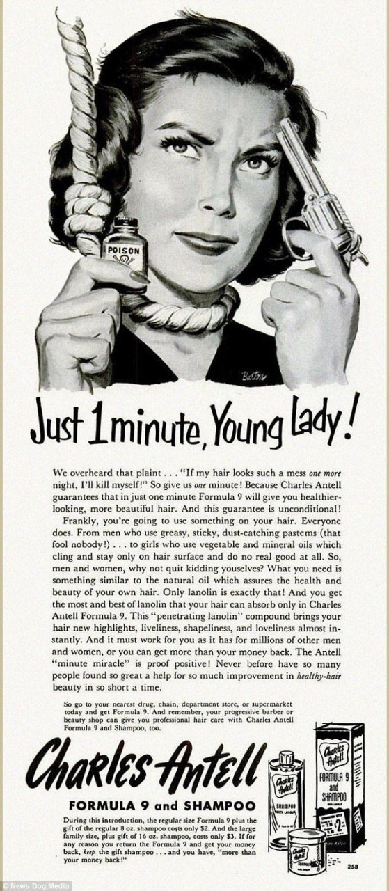 "Минутку, юная леди, не убивайте себя!" Реклама шампуня с "проникающим ланолином" - в помощь тем, кто хочет покончить с собой из-за плохого состояния волос 20 век, Гендерное, Маркетинговые хитрости, маркетинговый ход, мужчины и женщины, реклама, рекламные объявления, ретро