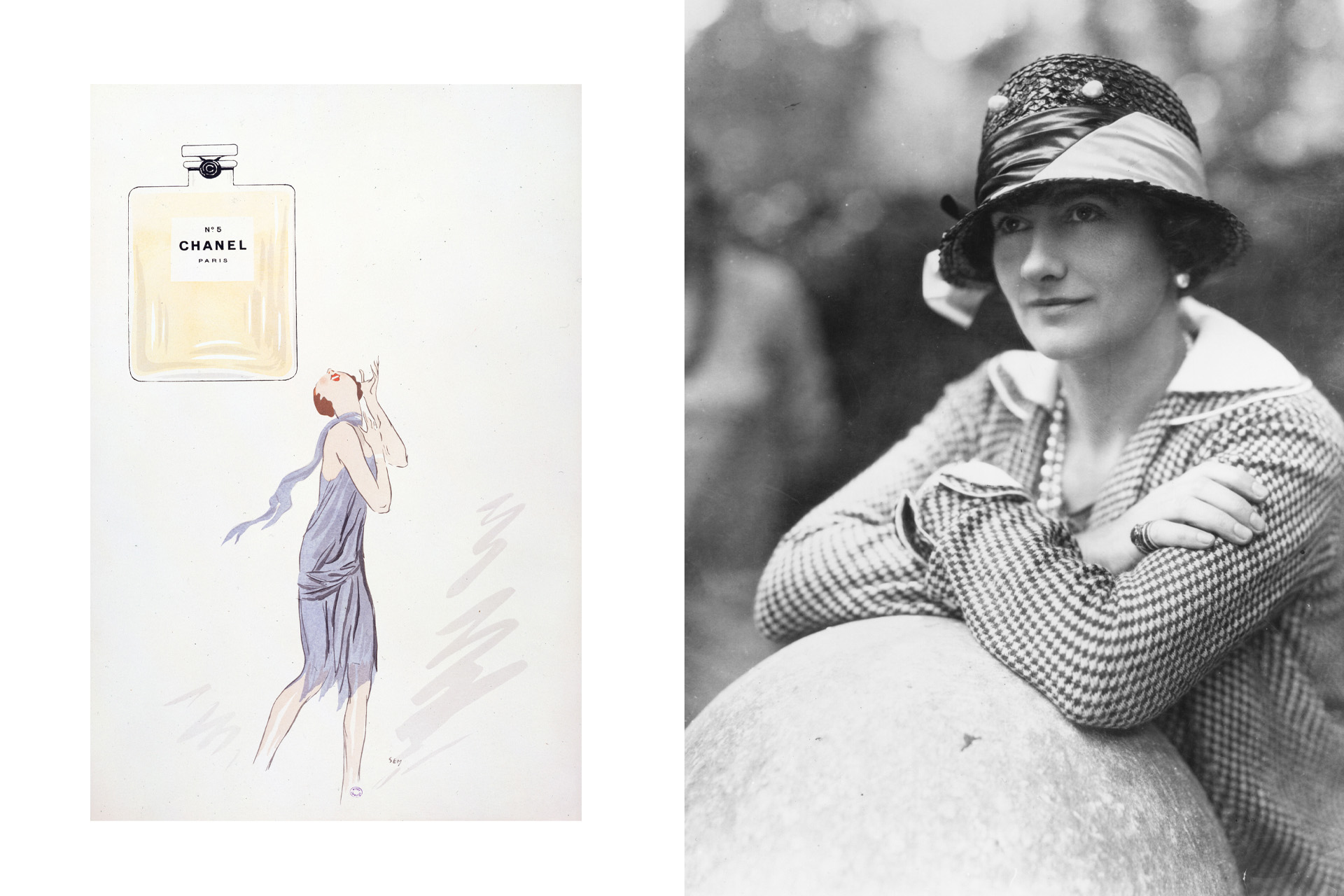 Слева: иллюстрация Жоржа Гурса, реклама духов Chanel № 5, 1921 год / Коко Шанель, 1929 год