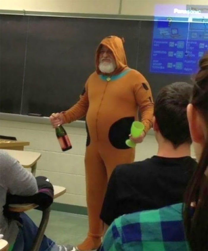 Teacher Promises If Whole Class Get's An A On Test, He'll Wear A Scooby Doo Costume And Bring A Kid's Champagne. Class Did Their Best, He Came As Promised