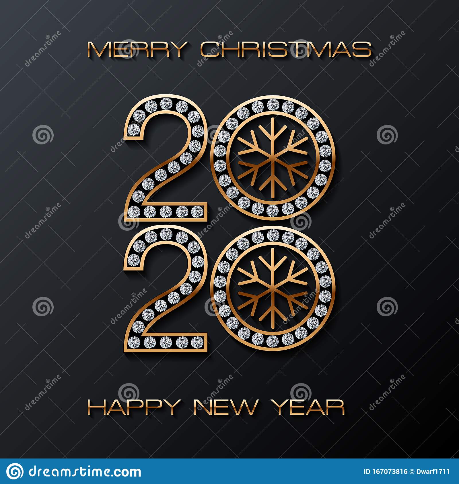 Golden jewelry 2020 text with diamonds and Merry Christmas and Happy New Year luxury square vector template on black background.