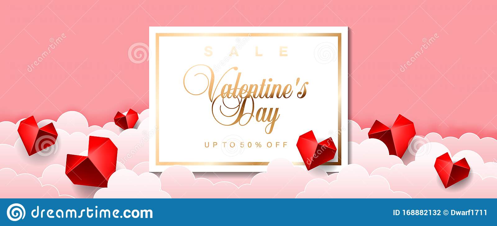 Valentines Day sale special offer discount vector illustration banner flyer poster voucher website header template with origami paper red hearts and clouds on pink background 