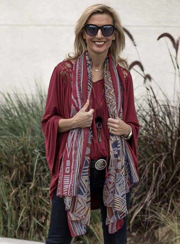 Black And White Boucle Poncho, Scarf and Burgandy Bell Sleeve Blouse