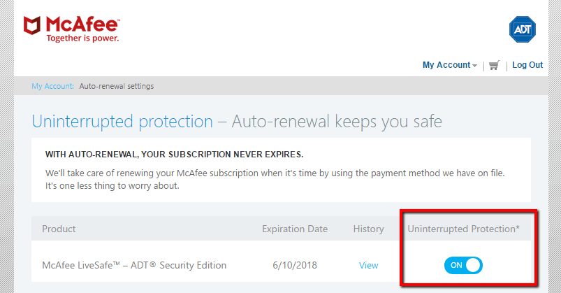 McAfee LiveSafe Отключение автоматического продления