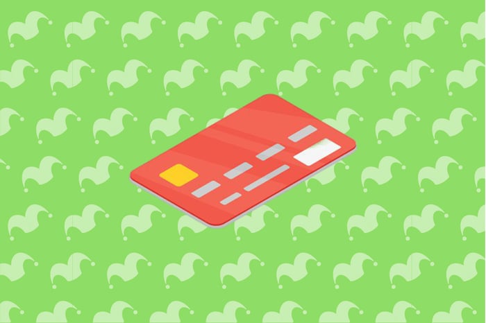 A green background with jester cap logos and a credit card image overlayed