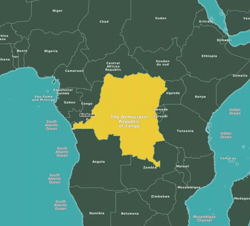ДР Конго на схематической карте Центральной Африки.  Эту страну американские эксперты называют её ключевой в строительстве российского "коридора влияния" в Африке