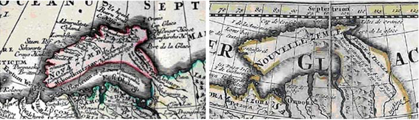 Рис. 1. Примеры перешейка между Новой Землей и материком на старинных географических картах по Seutter (1750; слева) и Schenk (1708; справа)