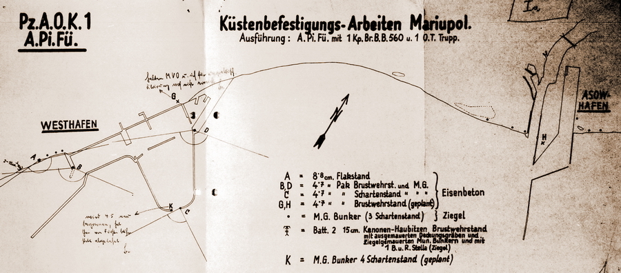 ​Немецкая схема объектов береговой обороны Мариуполя, весна 1942 года - Большая война на малых глубинах | Warspot.ru