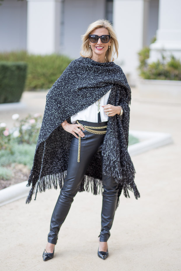 black and white boucle poncho for women 