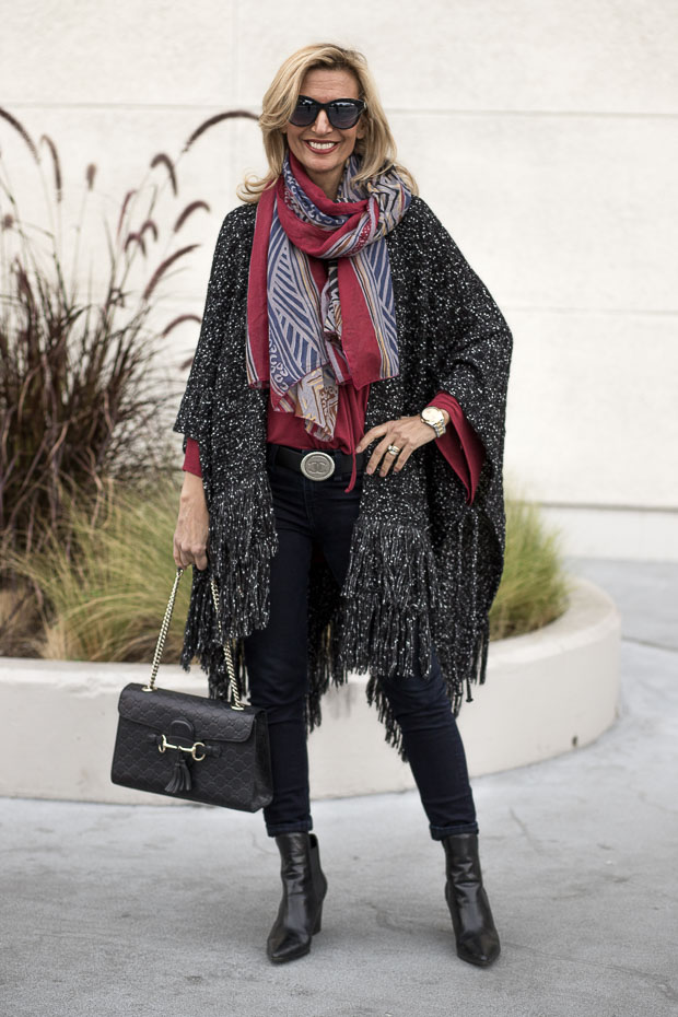 Black And White Boucle Poncho, Scarf and Burgandy Bell Sleeve Blouse