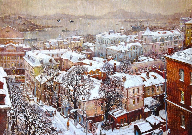 Снежное утро город, картины, ностальгия, рисунки