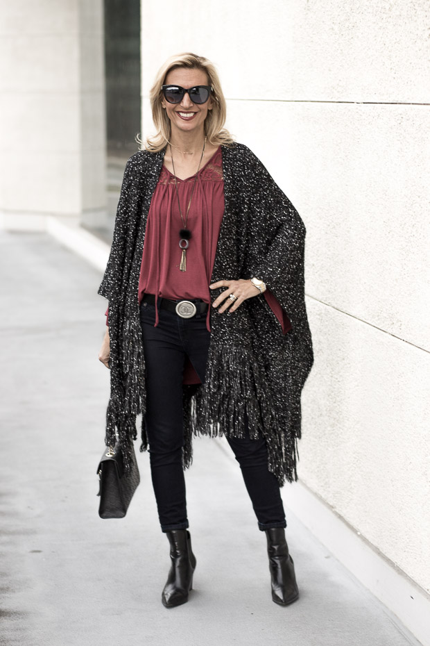 Black And White Boucle Poncho, Scarf and Burgandy Bell Sleeve Blouse