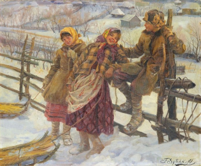 Вот так девочек в зимних лаптях изобразил Федот Сычков 