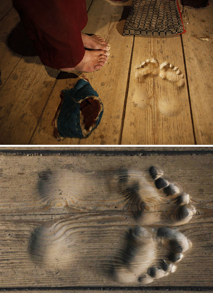 Footprints Are Carved Into The Floorboards By Monk Who Has Prayed At The Same Spot For 20 Years