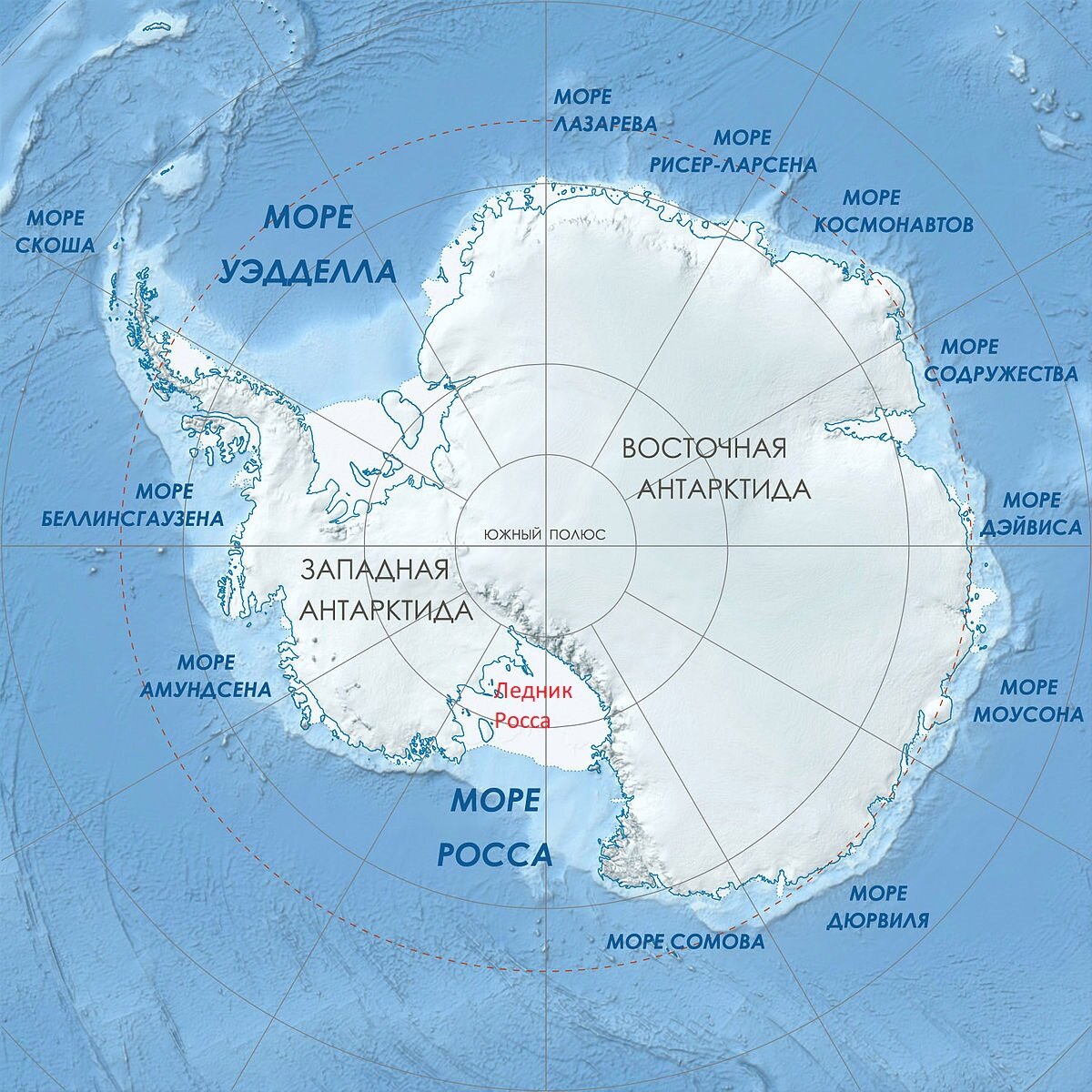 Великая подводная Стена, или "древняя каменная структура", разделяющая Антарктиду, "как огромная спица, идущая от центра колеса" - проходит на этой карте от центра вниз, по центральному, 180-му меридиану.