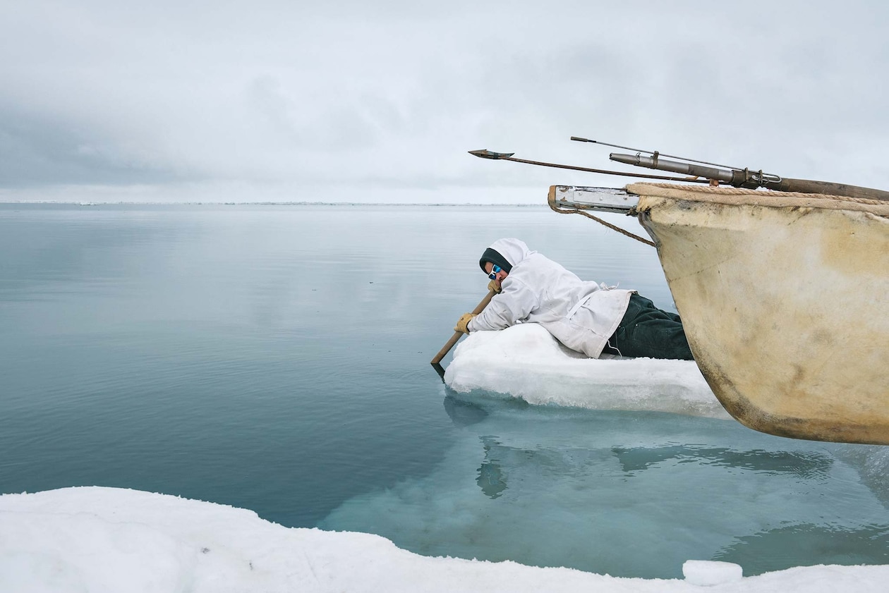 Мужчина висит на льду, держа деревянное весло в океане, чтобы найти тюленей и китов через вибрации