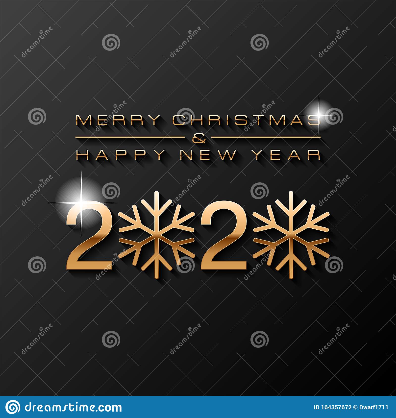 2020 Merry Christmas and Happy New Year golden text with snowflakes on black background. Square social media post or banner vector template.