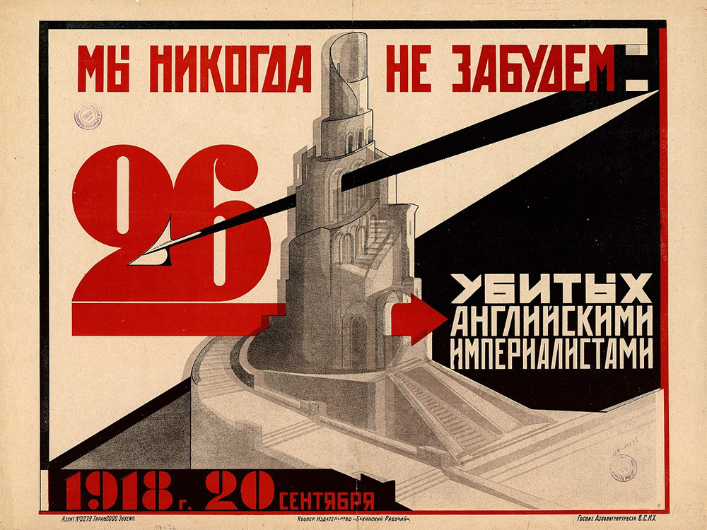 Плакат «Мы никогда не забудем 26 убитых английскими империалистами. 1918 г., 20 сентября». Неизвестный художник. Баку, 1925 год