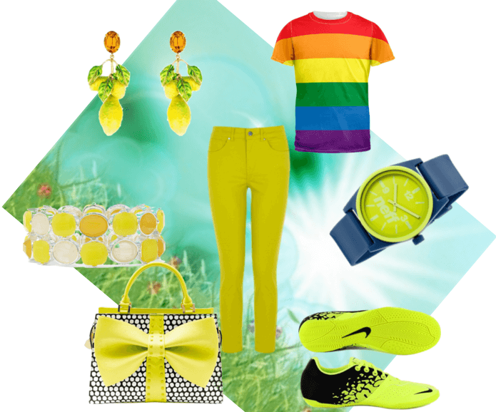 Жёлто-зелёные джинсы, кроссовки, сумочка в горох с бантом, серьги, часы, браслет