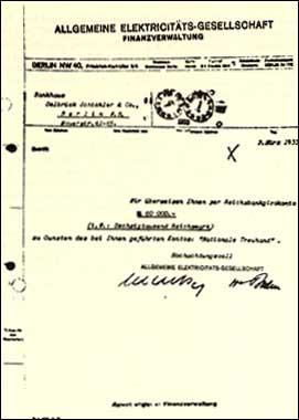 Документ №391-395, Нюрнбергский процесс: указание General Electric в Германии перевести средства в фонд Шахта и Гесса, из которого спонсировалась выборная компания Адольфа Гитлера в марте 1933 года