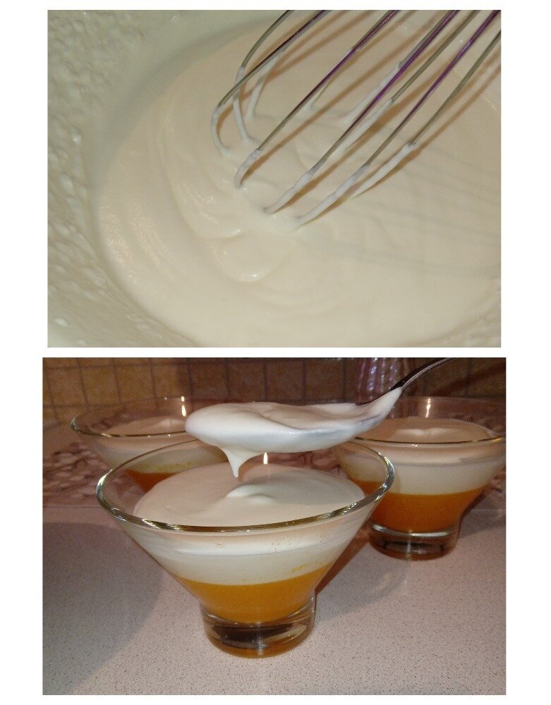 Десерт с новогодним вкусом: сливочно-мандариновое желе желатина, мандарины, минут, сахара, можно, второй, сливки, ложку, водяной, согреть, смесь, холодильник, четверть, молоко, оставить, десерт, всыпать, взбивается, чтобы, сливокВыложить