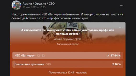 Более 97% за «ЧВК Вагнера»: опрос показал, кого россияне хотят видеть на поле боя