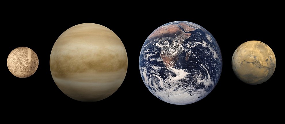 Сравнительные размеры планет (слева направо: Меркурий, Венера, Земля, Марс)