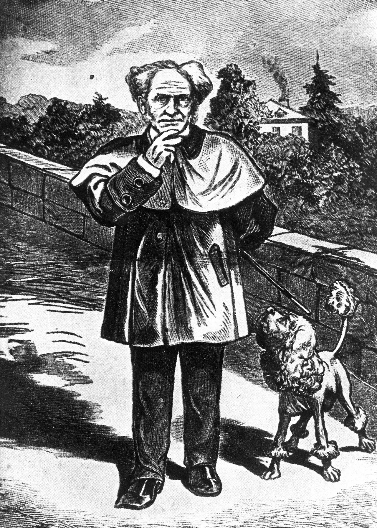 Иоганн Якоб Эттлинг, гравюра на дереве с изображением Артура Шопенгауэра на прогулке с его пуделем (опубликована в газете «Франкфуртский фонарь»)