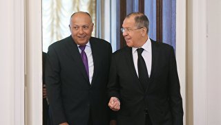 Сергей Лавров и министр иностранных дел Египта Самех Шукри во время встречи. 21 августа 2017