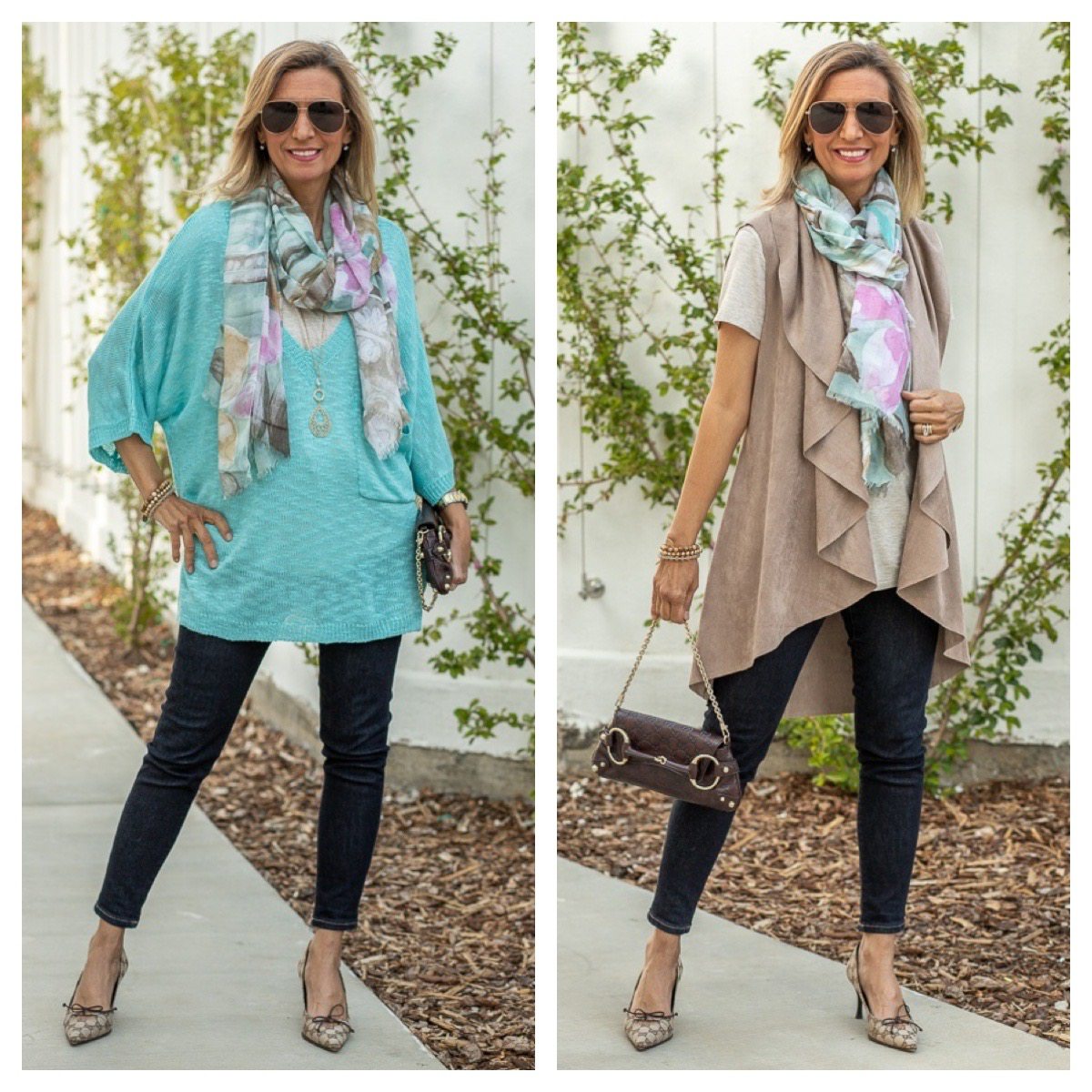 Women's turquoise sweater with scarf styled for spring and summer
