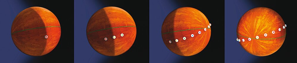 Примерная схема прохождения утренней волны на поверхности земного шара. Точками показаны зоны интенсивного воздействия.
