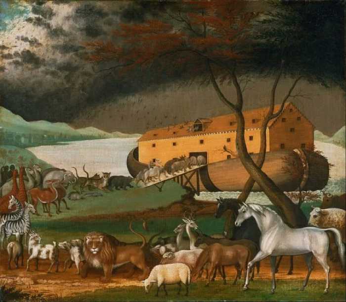 Ной собирает разных животных в ковчег.