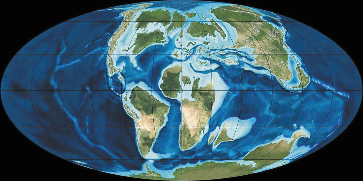 Так выглядела Земля в палеоцене. Светло-голубой цвет - мелководье, благоприятное для возникновения известняковых отложений