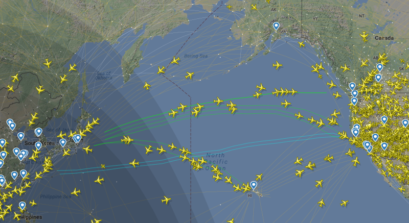 Трасса между Азией и Северной Америкой как, океан, самолеты