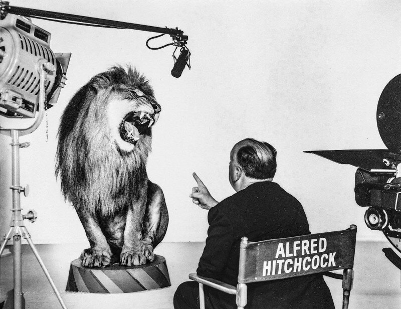Съемки легендарной заставки студии Metro-Goldwyn-Mayer под руководством кинорежиссёра Альфреда Хичкока, 1958 год. история, ретро, фото
