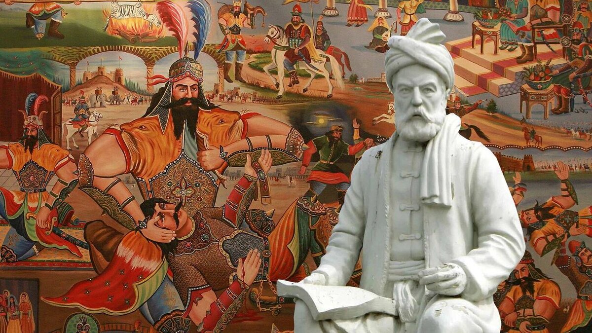 Памятник Фирдоуси на фоне миниатюры с изображением сцен из его главного произведения "Шахнаме"